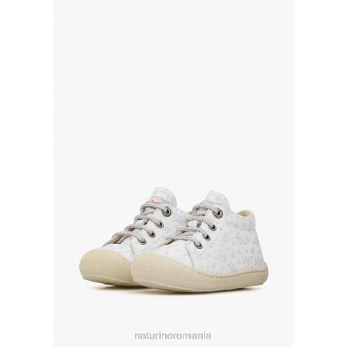 copii Naturino alb-argintiu cocon pantofi prim pas din piele cu imprimeu trandafiri 4J4P83