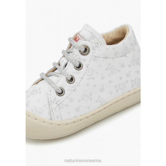 copii Naturino alb-argintiu cocon pantofi prim pas din piele cu imprimeu trandafiri 4J4P83